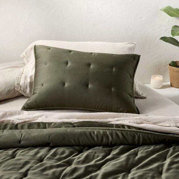 Casaluna Dark Olive Green Bamboo Rayon Quilted Standard Pillow Sham 20" x 26" - Picture 1 of 6